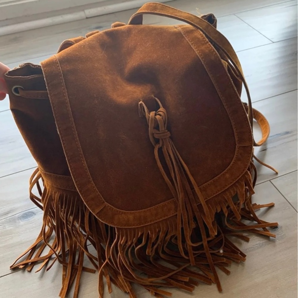 Brown/rust faux suede fringe backpack